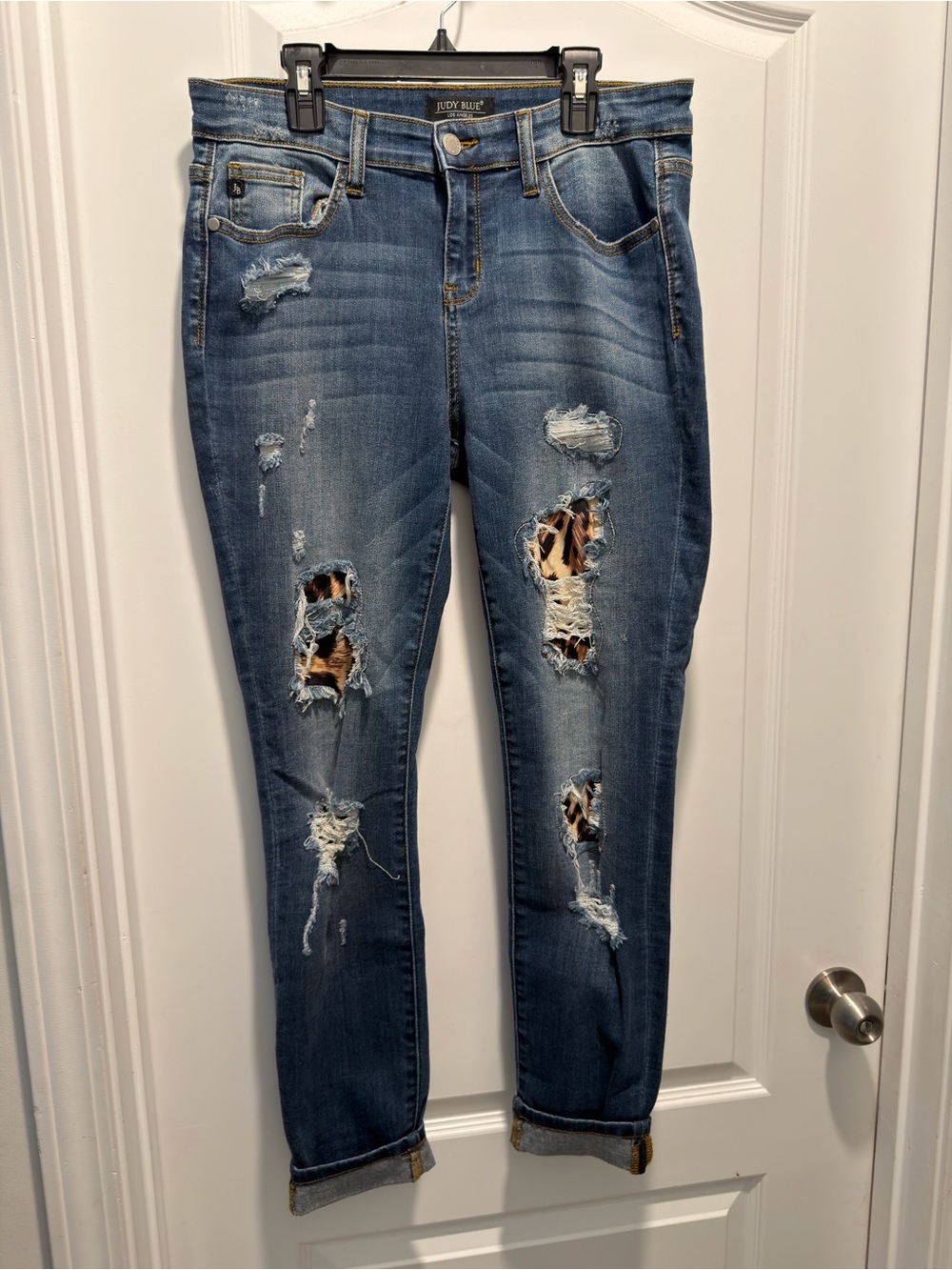Distressed Leopard Patch Skinny Jeans - Women
